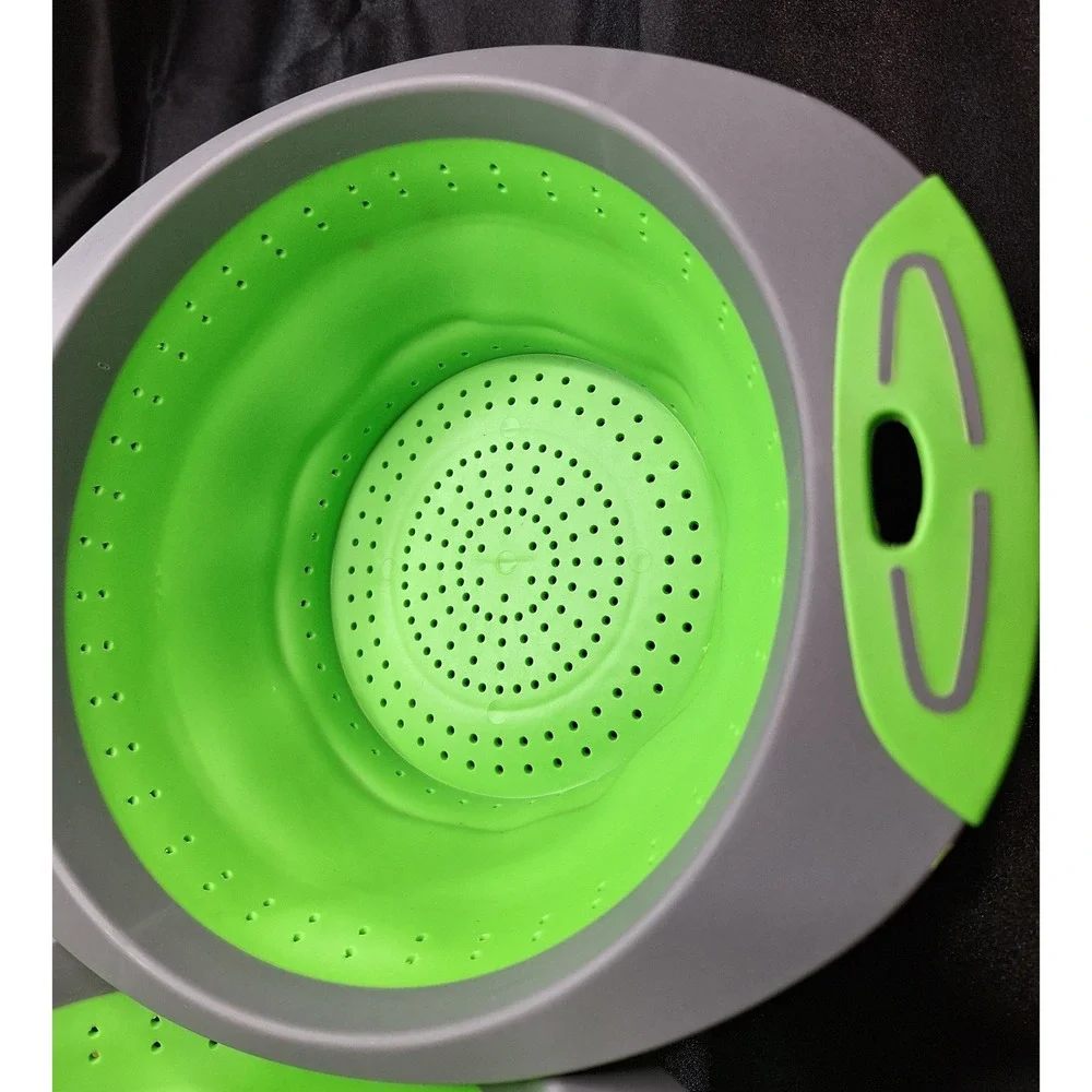Collapsible Silicone Colander  Piece Green Grey Round Folding Strainers 3.5 qt.